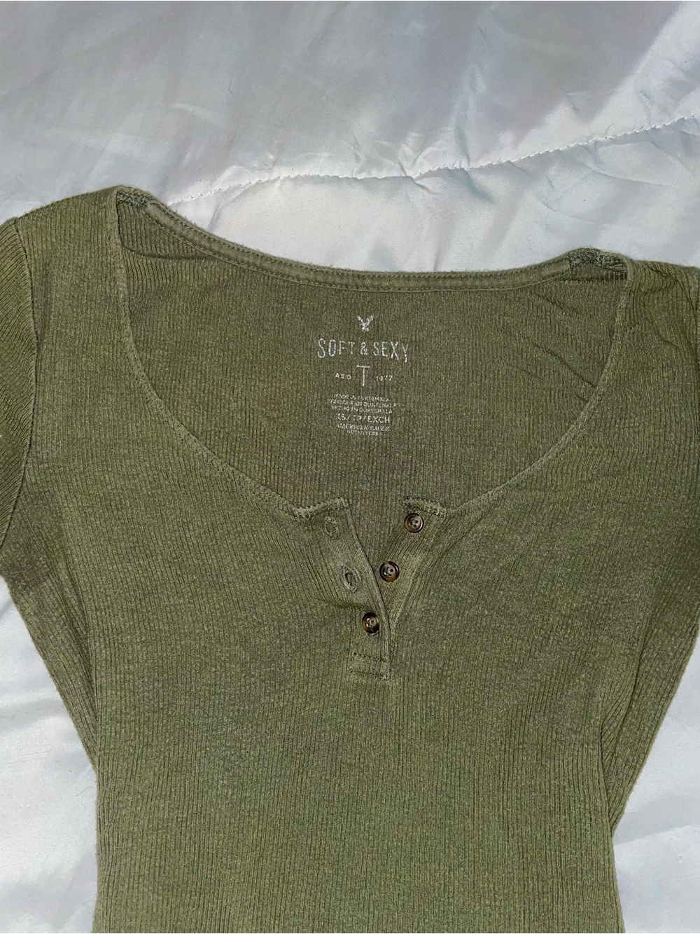 Y2K Olive Green Ribbed Henley Short Sleeve Tee
